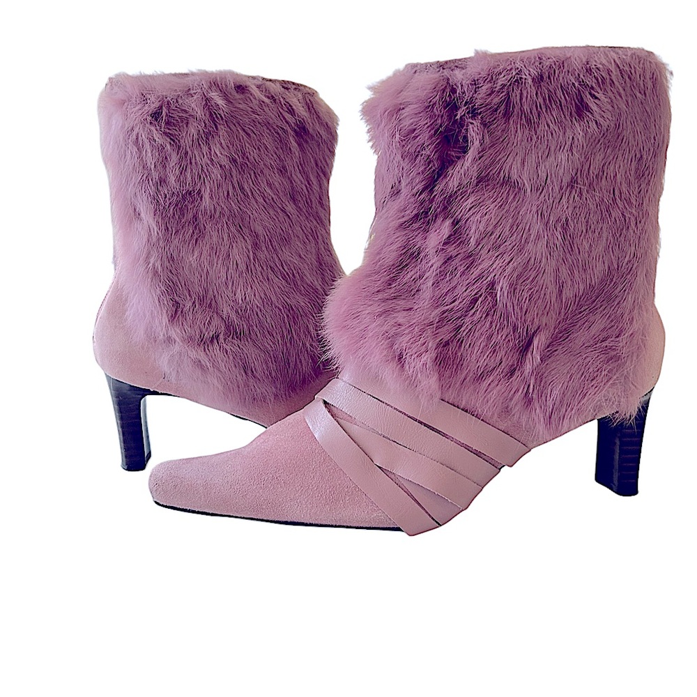Leather suede fur Pink Heeled Ankle Boots
